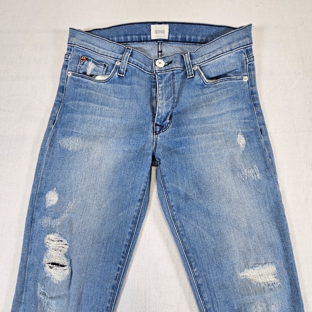 Hudson Women's Nico Mid-Rise Super Skinny Jeans Size 27  Light Blue Distressed